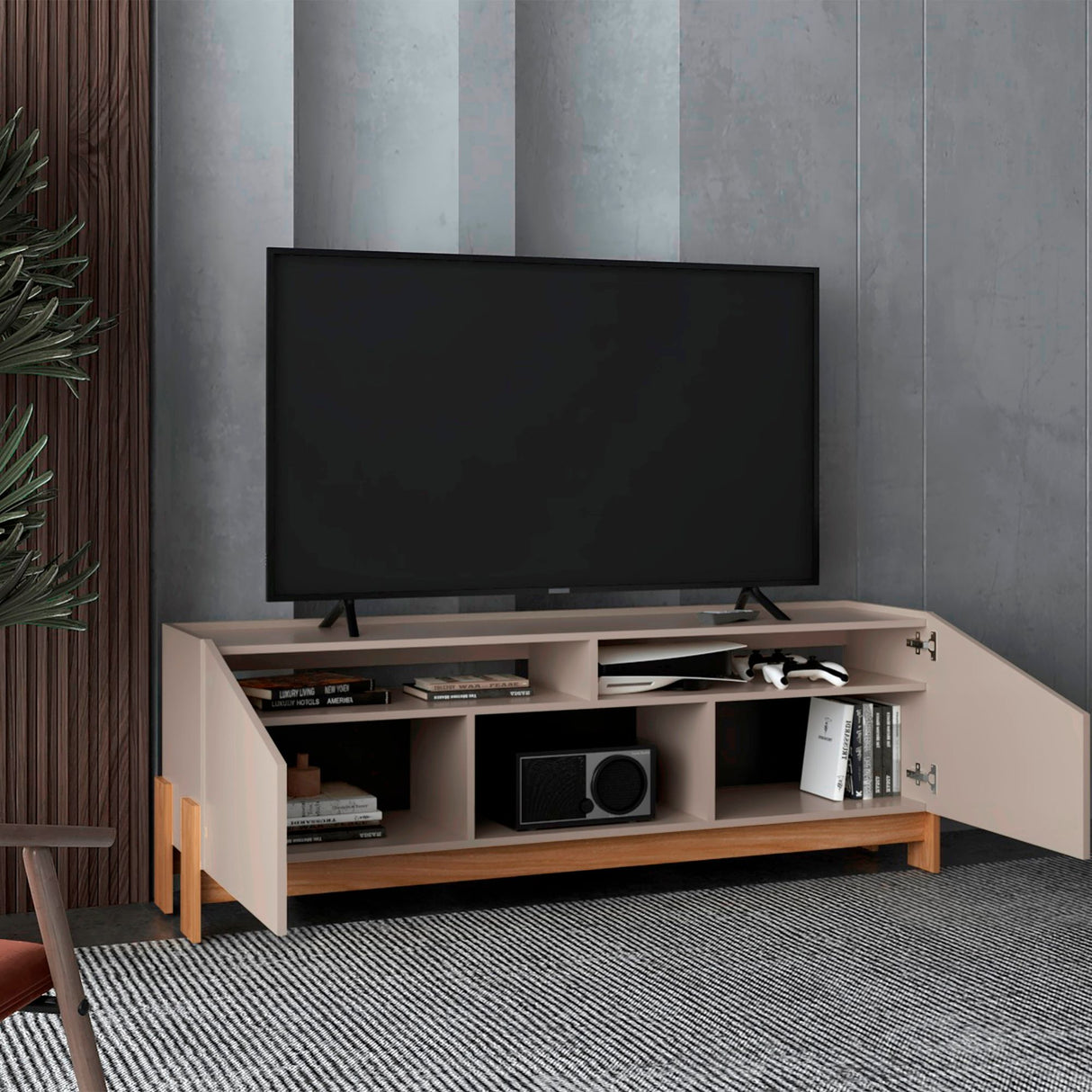 Rack de TV Holanda Capri y Fresno Europeo 160x56cm para TV Hasta 70 Pulgadas sin Cajones y con Ranuras para Cables - MUEBLES DE TV | Bylmo