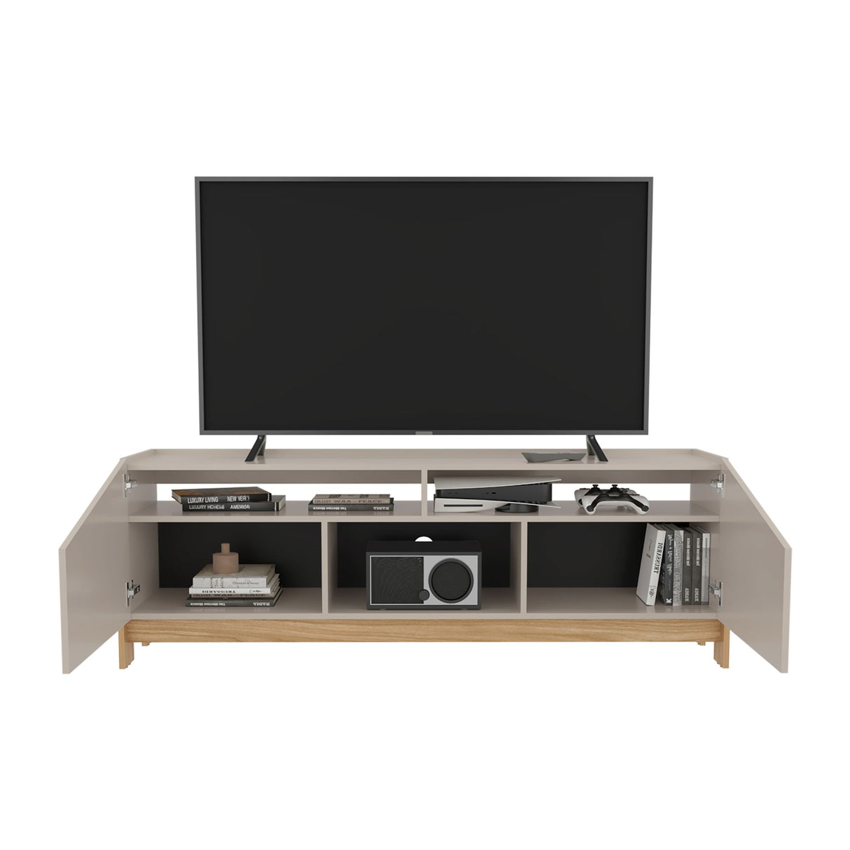 Rack de TV Holanda Capri y Fresno Europeo 160x56cm para TV Hasta 70 Pulgadas sin Cajones y con Ranuras para Cables - MUEBLES DE TV | Bylmo