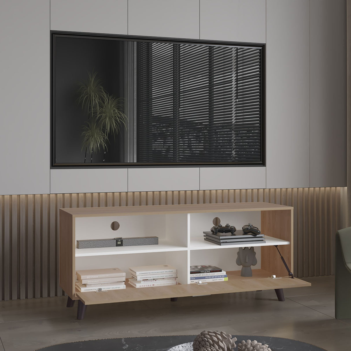 Rack de TV Patrick Fresno Europeo y Blanco 139x59cm para TV Hasta 60 Pulgadas sin Cajones y con Ranuras para Cables - MUEBLES DE TV | Bylmo