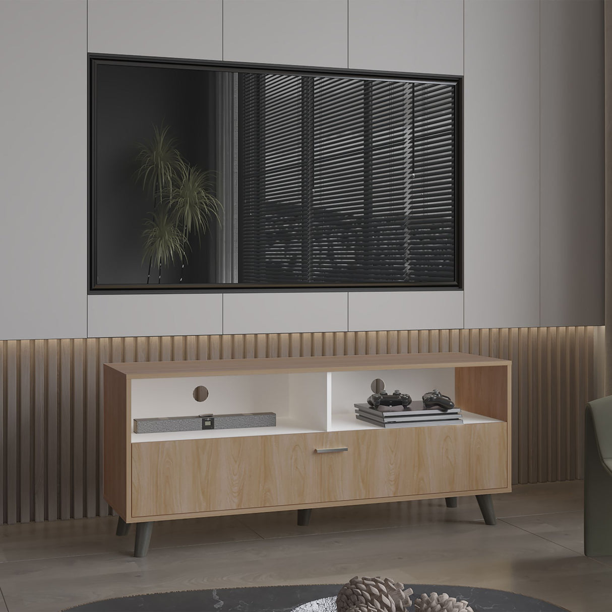 Rack de TV Patrick Fresno Europeo y Blanco 139x59cm para TV Hasta 60 Pulgadas sin Cajones y con Ranuras para Cables - MUEBLES DE TV | Bylmo