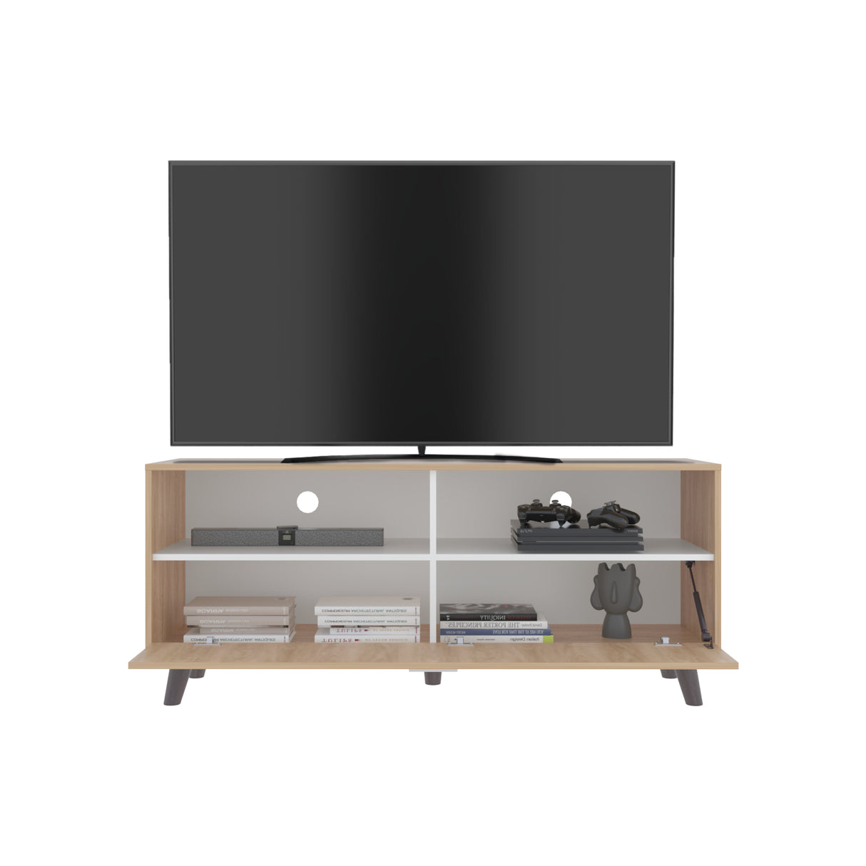 Rack de TV Patrick Fresno Europeo y Blanco 139x59cm para TV Hasta 60 Pulgadas sin Cajones y con Ranuras para Cables - MUEBLES DE TV | Bylmo