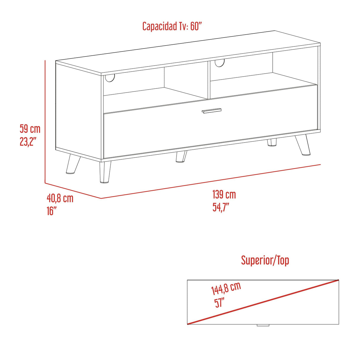 Rack de TV Patrick Fresno Europeo y Blanco 139x59cm para TV Hasta 60 Pulgadas sin Cajones y con Ranuras para Cables - MUEBLES DE TV | Bylmo