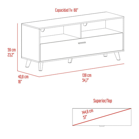 Rack de TV Patrick Fresno Europeo y Blanco 139x59cm para TV Hasta 60 Pulgadas sin Cajones y con Ranuras para Cables - MUEBLES DE TV | Bylmo