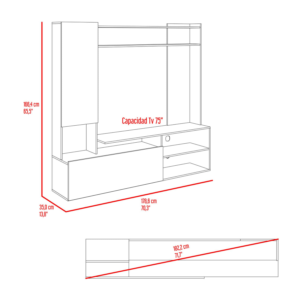 Rack de TV Nolic Fresno Europeo y Capri 178.5x167cm para TV Hasta 60 Pulgadas sin Cajones y con Ranuras para Cables - MUEBLES DE TV | Bylmo