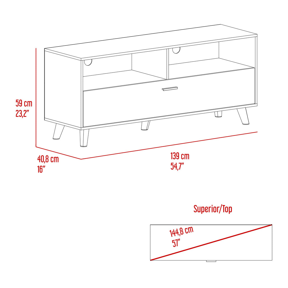 Rack de TV Patrick Tivoli y Milan 139x59cm para TV Hasta 60 Pulgadas sin Cajones y con Ranuras para Cables - MUEBLES DE TV | Bylmo
