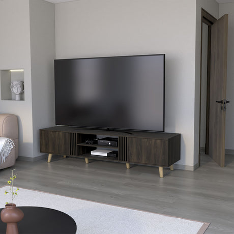 Rack de TV Shawnee Nogal 200x50cm para TV Hasta 75 Pulgadas sin Cajones y con Ranuras para Cables - MUEBLES DE TV | Bylmo