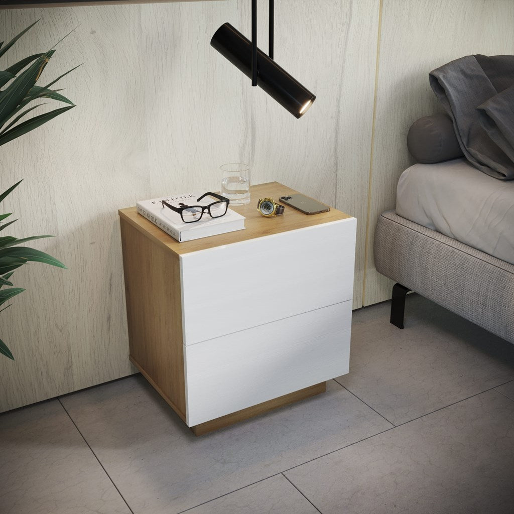 Mesa de Noche Enkubo Rovere y Blanco 48x52cm con Dos Cajones - MESAS DE NOCHE | Bylmo