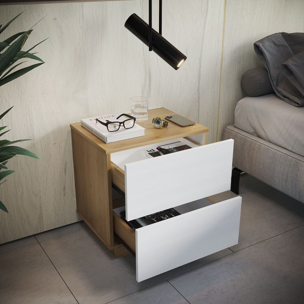 Mesa de Noche Enkubo Rovere y Blanco 48x52cm con Dos Cajones - MESAS DE NOCHE | Bylmo