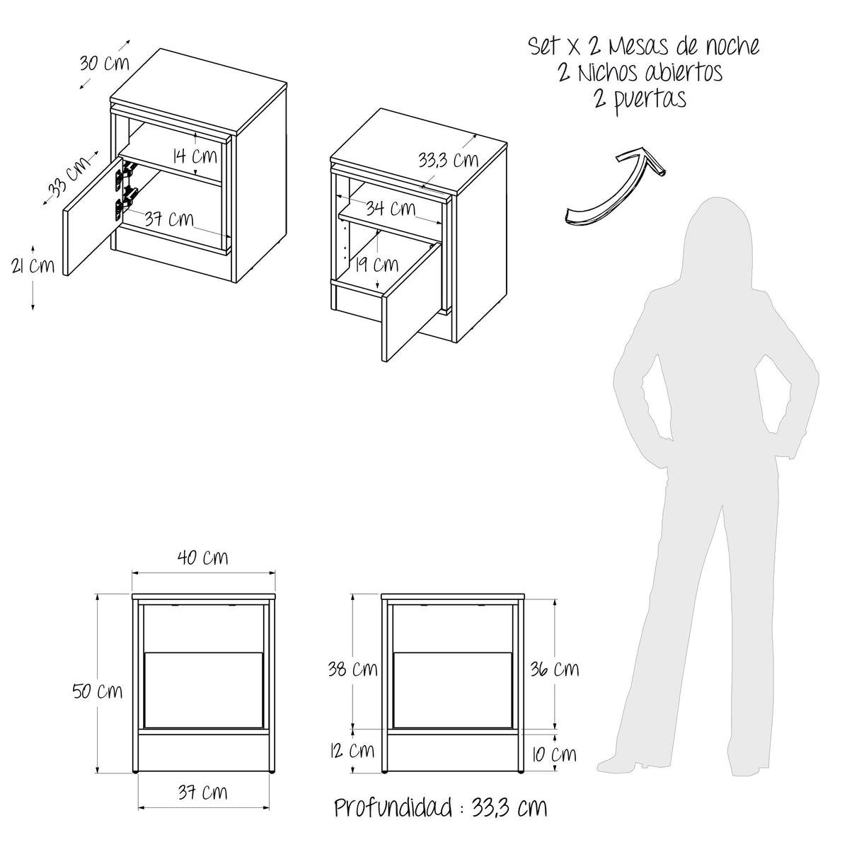 Mesa de Noche x 2 Lucas Rovere y Blanco 40x50cm con Un Cajón - MESAS DE NOCHE | Bylmo