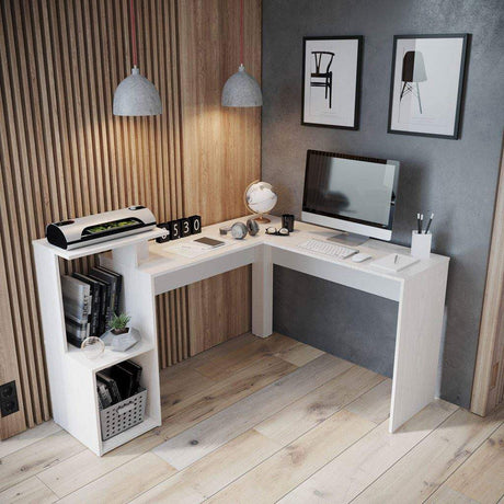 Escritorio en L Mikasa Niebla 120x88cm sin Cajones y con Organizador de Libros - ESCRITORIOS | Bylmo