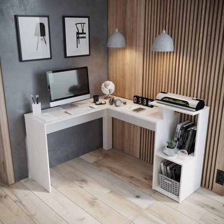 Escritorio en L Mikasa Niebla 120x88cm sin Cajones y con Organizador de Libros - ESCRITORIOS | Bylmo