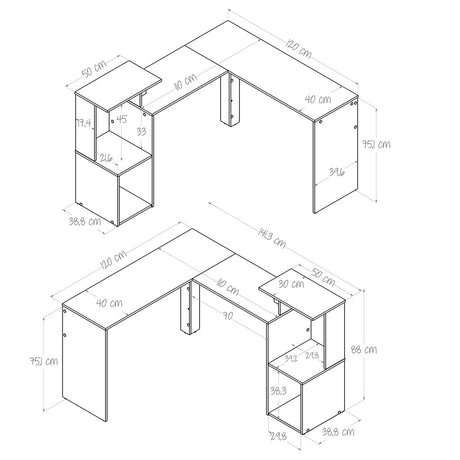 Escritorio en L Mikasa Niebla 120x88cm sin Cajones y con Organizador de Libros - ESCRITORIOS | Bylmo