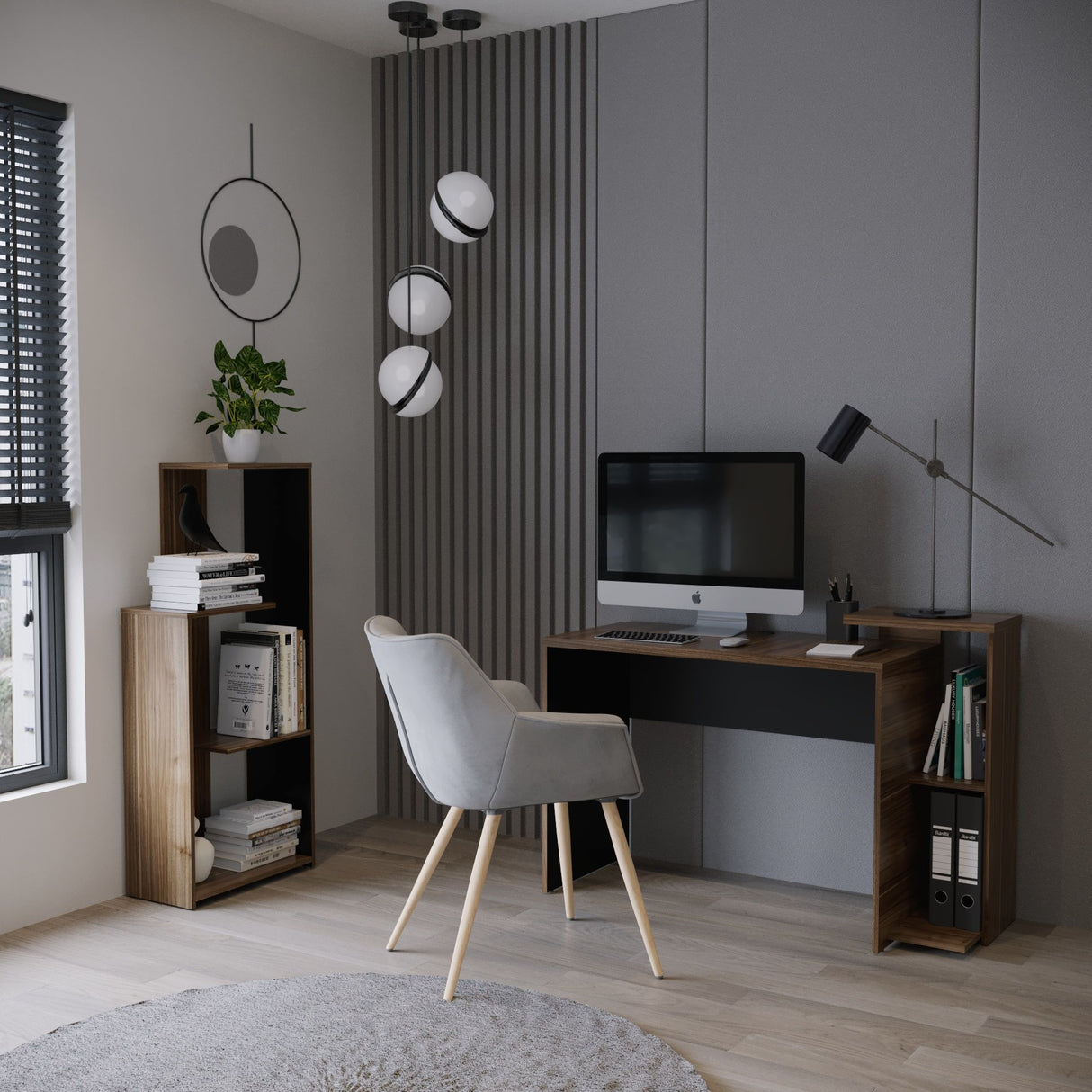 Combo Escritorio y Biblioteca Z Gales y Wengue 121x82cm sin Cajones y con Organizador de Libros - ESCRITORIOS | Bylmo