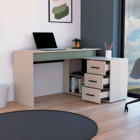 Escritorio en L Upton Capri y Agave 101.5x75cm con Tres Cajones y con Organizador de Libros - ESCRITORIOS | Bylmo