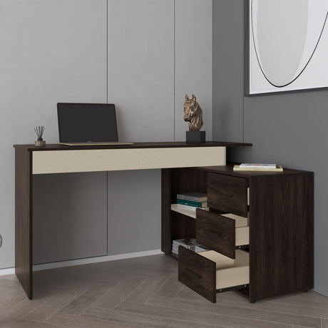 Escritorio en L Upton Nogal y Toquilla 101.5x75cm con Tres Cajones y con Organizador de Libros - ESCRITORIOS | Bylmo