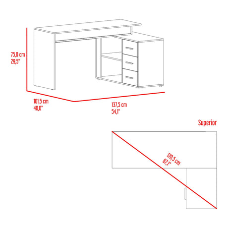 Escritorio en L Upton Nogal y Toquilla 101.5x75cm con Tres Cajones y con Organizador de Libros - ESCRITORIOS | Bylmo