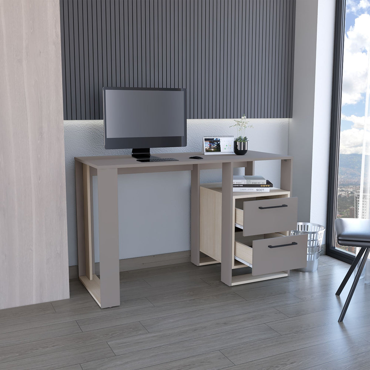 Escritorio Verlot Taupe Mallado 52x75cm con Dos Cajones y con Organizador de Libros - ESCRITORIOS | Bylmo