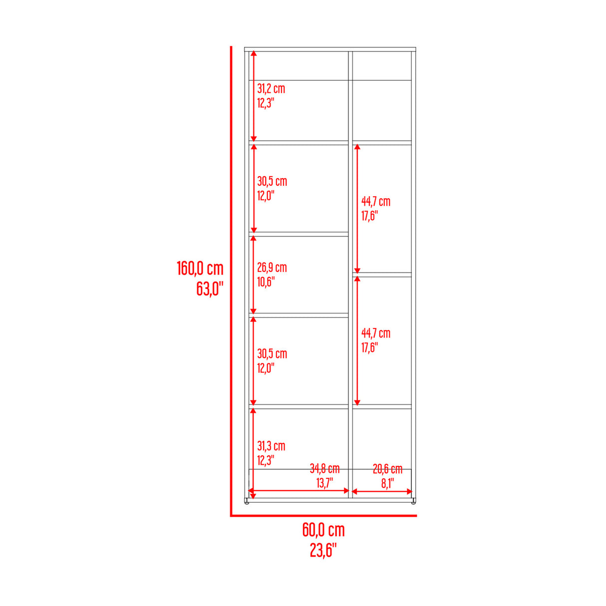 Biblioteca Rookie Bardolino 60x160cm Rectangular con Siete Entrepaños - BIBLIOTECAS Y ESTANTERIAS | Bylmo