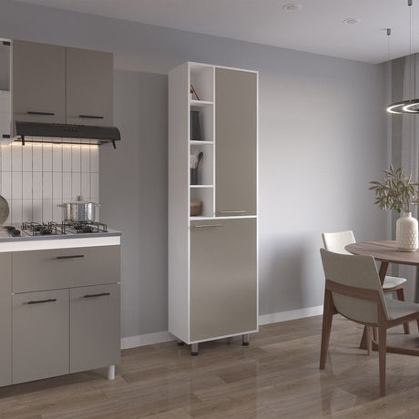 Alacena Burton Blanco y Taupe 58.6x204cm con Dos Puertas y con Patas - ALACENAS Y MUEBLES MICROONDAS | Bylmo