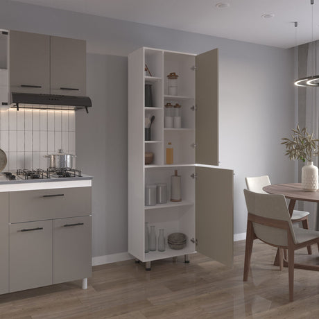 Alacena Burton Blanco y Taupe 58.6x204cm con Dos Puertas y con Patas - ALACENAS Y MUEBLES MICROONDAS | Bylmo