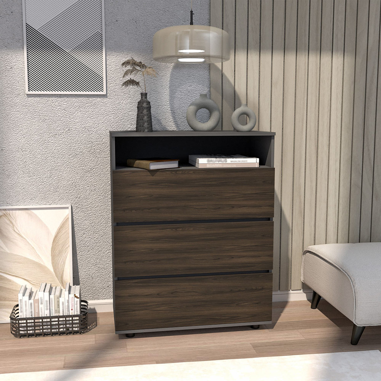 Cajonera Houck Plomo y Nogal 80x102.3cm de Tres Hileras con Tres Cajones - CAJONERAS Y COMODAS | Bylmo