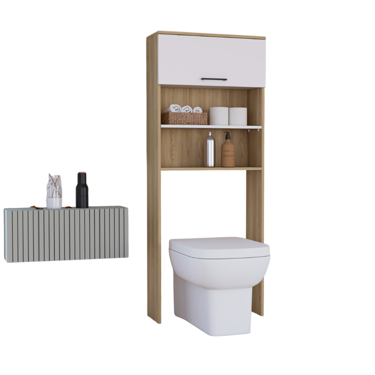 Ahorrador de Espacio para Baño Kensington Fresno Europeo y Blanco 63.2x160.6cm con Tres Entrepaños y con Patas - OTROS MUEBLES PARA BANHO | Bylmo