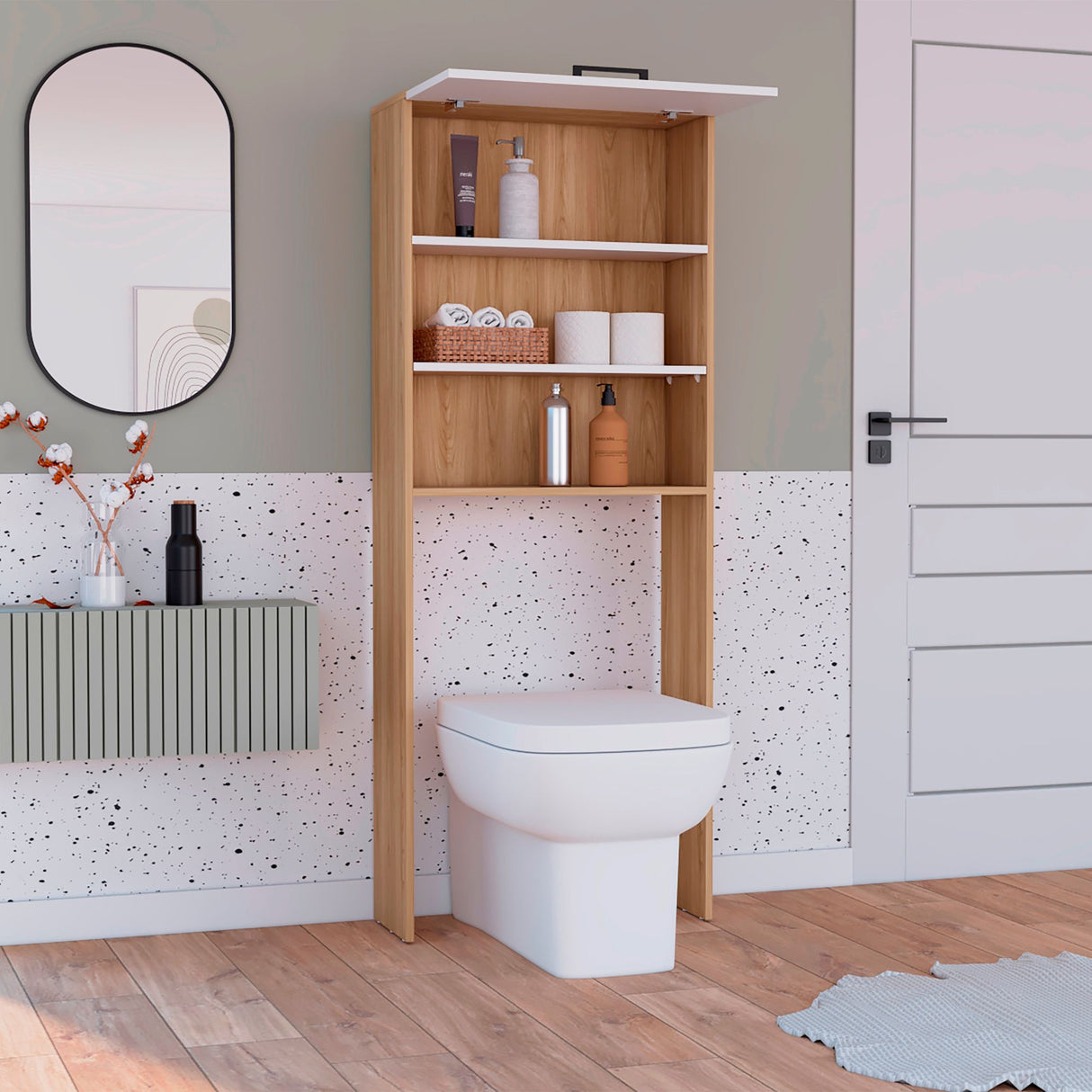 Ahorrador de Espacio para Baño Kensington Fresno Europeo y Blanco 63.2x160.6cm con Tres Entrepaños y con Patas - OTROS MUEBLES PARA BANHO | Bylmo