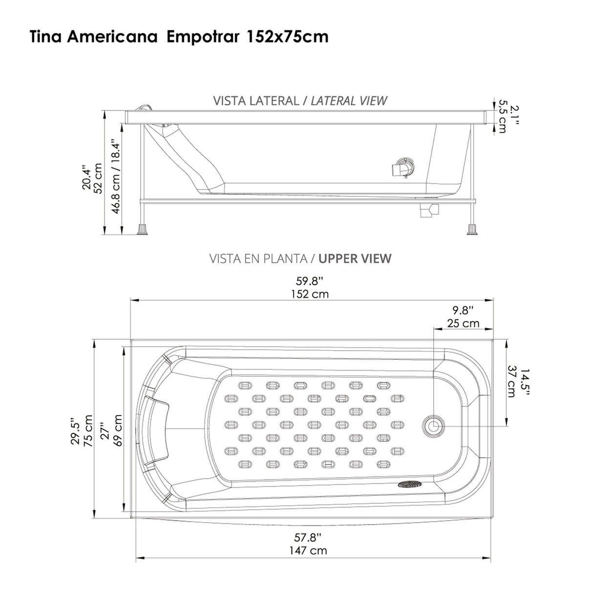 Bañera Cuadrado Americana Marfil 152x50cm Para Empotrar con Suelo Antideslizante para Una Persona - BANHERAS E HIDROMASAJES | Bylmo