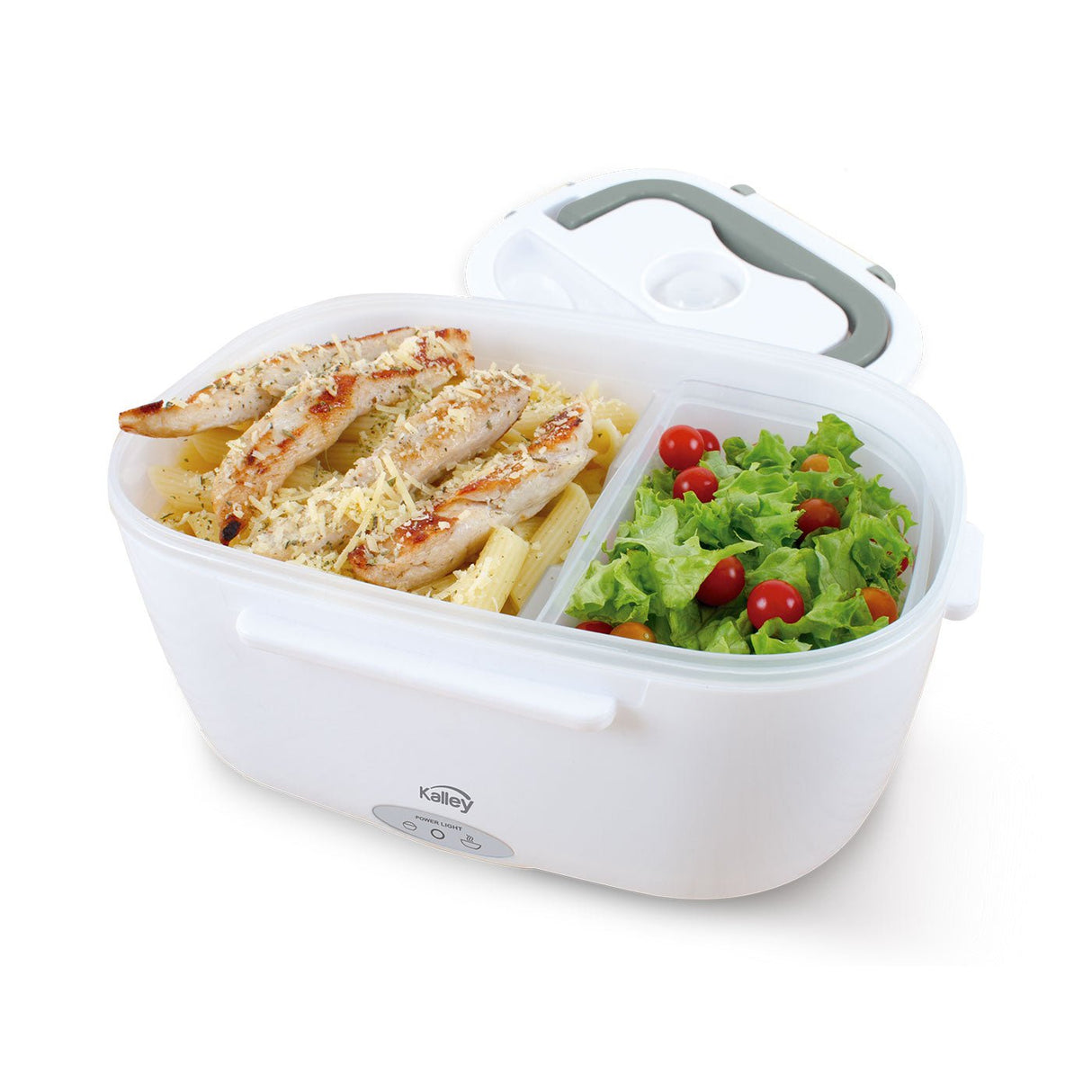 Lonchera Eléctrica Kalley Blanco y Gris 23.2x10cm De 1.1 Litros con Dos Compartimientos y con Tapa Hermética - LONCHERAS ELECTRICAS | Bylmo