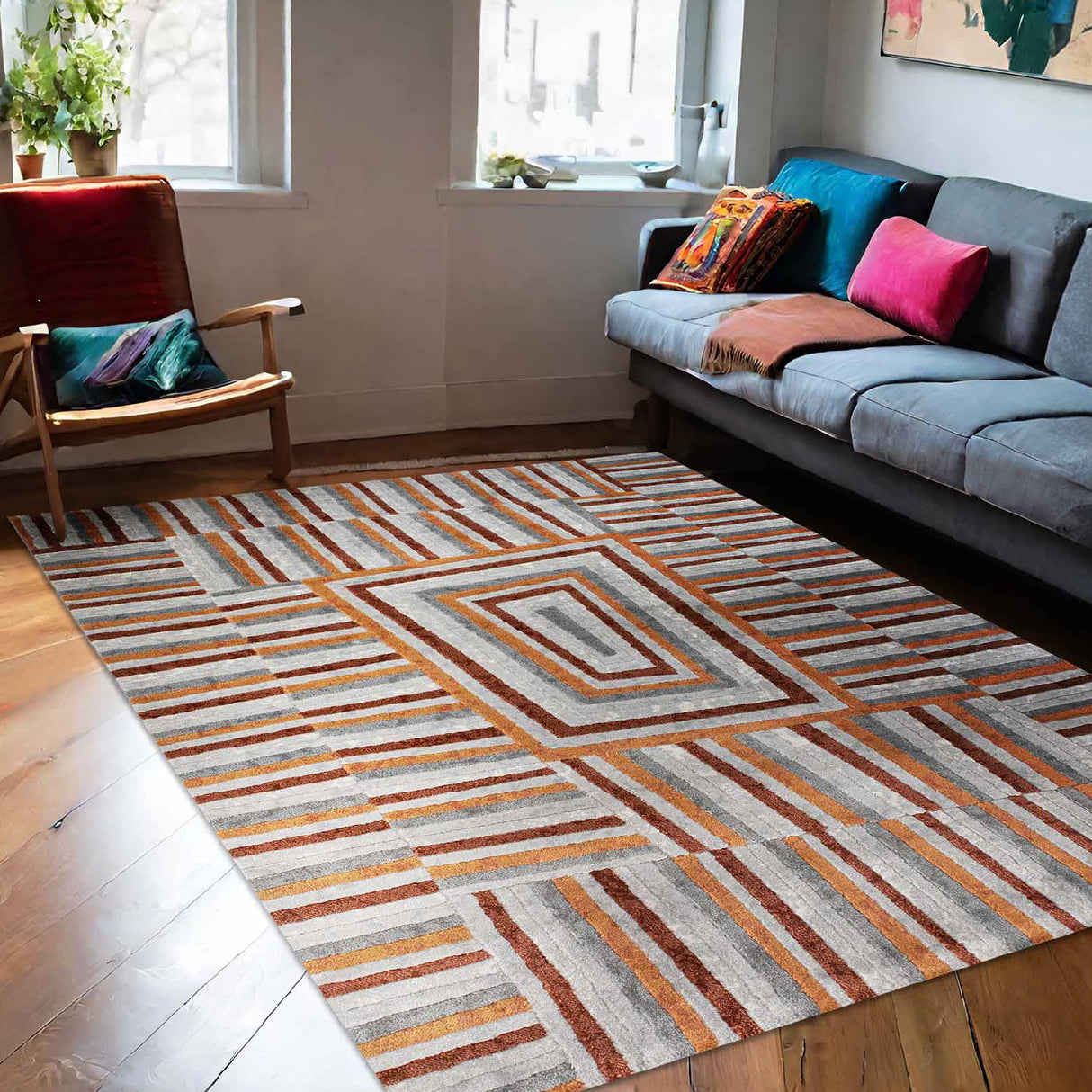 Tapete de Sala Lineas Gris y Naranja 160x230cm Clásico Rectangular Suave - TAPETES Y ALFOMBRAS | Bylmo