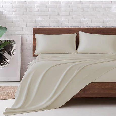 Juego de Sabanas de Satín Beige 140x190cm 300 Hilos con Dos Sábanas y Dos Fundas de Almohada - SABANAS | Bylmo