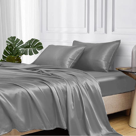 Juego de Sabanas de Satín Gris Oscuro 140x190cm 300 Hilos con Dos Sábanas y Dos Fundas de Almohada - SABANAS | Bylmo