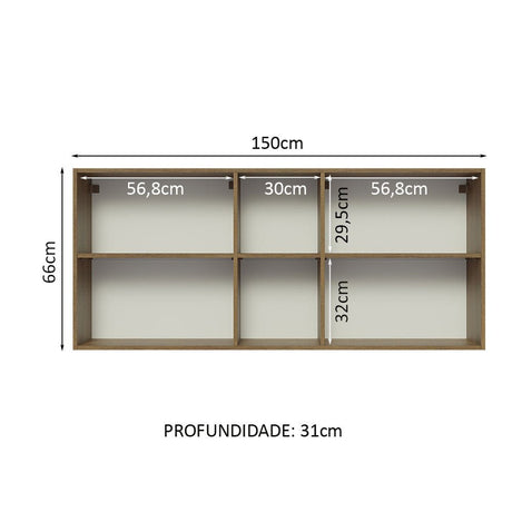 Mueble Superior de Cocina Glamy Marron 150x66cm con Seis Entrepaños y con Dos Puertas - MUEBLES SUPERIORES DE COCINA | Bylmo