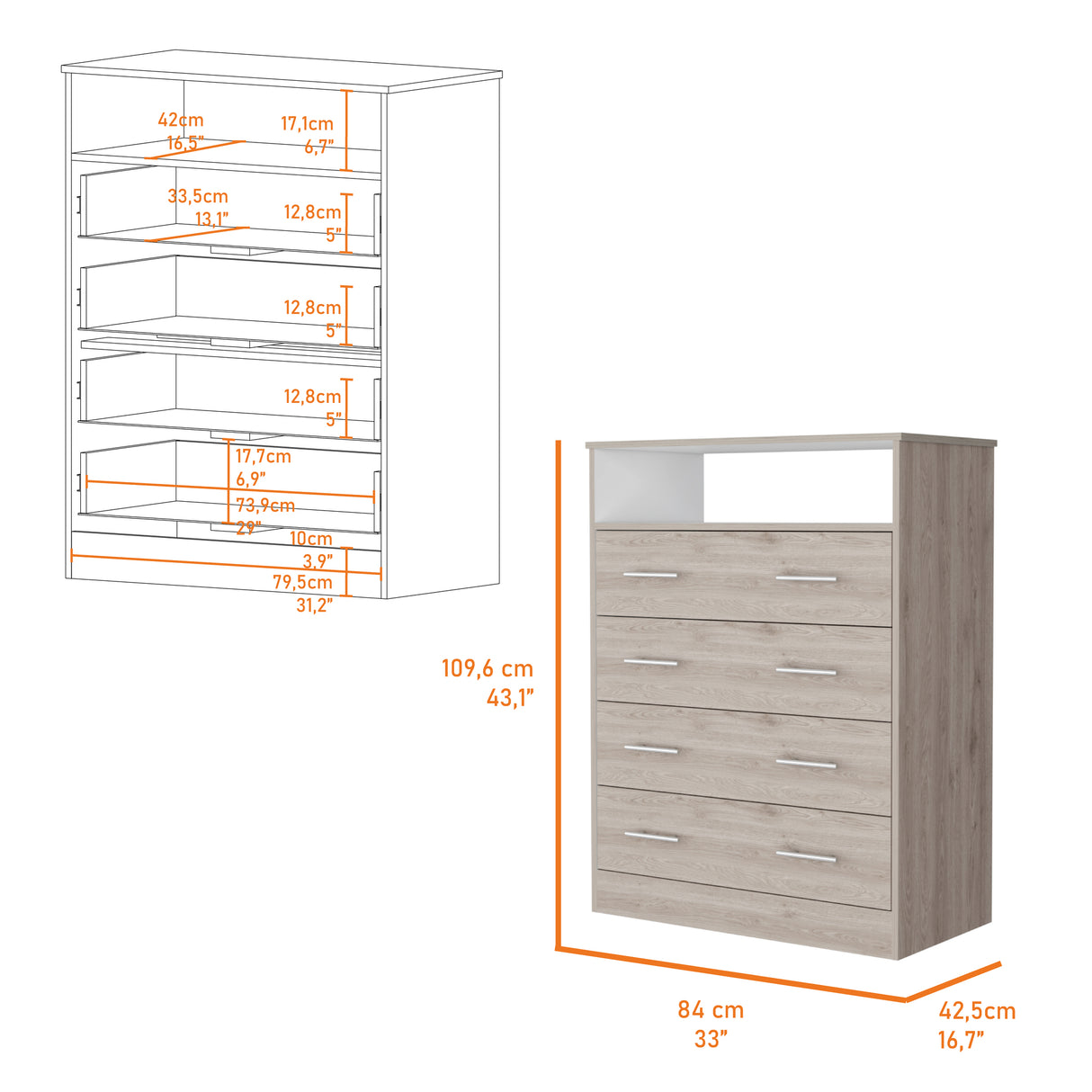 Cómoda Peru Blanco y Ceniza 84x109.6cm de Cuartro Hileras con Cuatro Cajones - CAJONERAS Y COMODAS | Bylmo