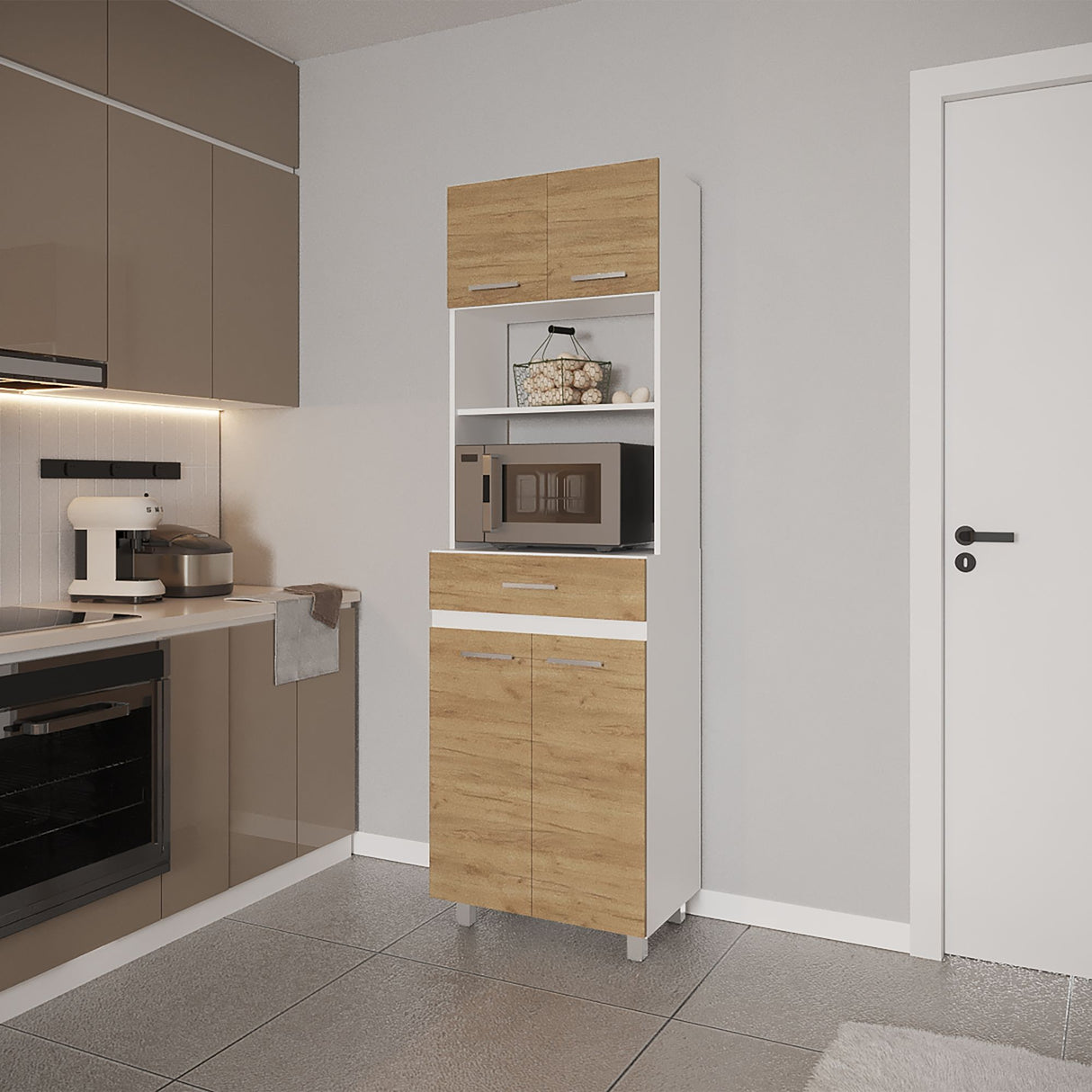Mueble Microondas Sicilia Fresno y Blanco 62.1x201cm con Un Cajón y con Cuatro Puertas - ALACENAS Y MUEBLES MICROONDAS | Bylmo