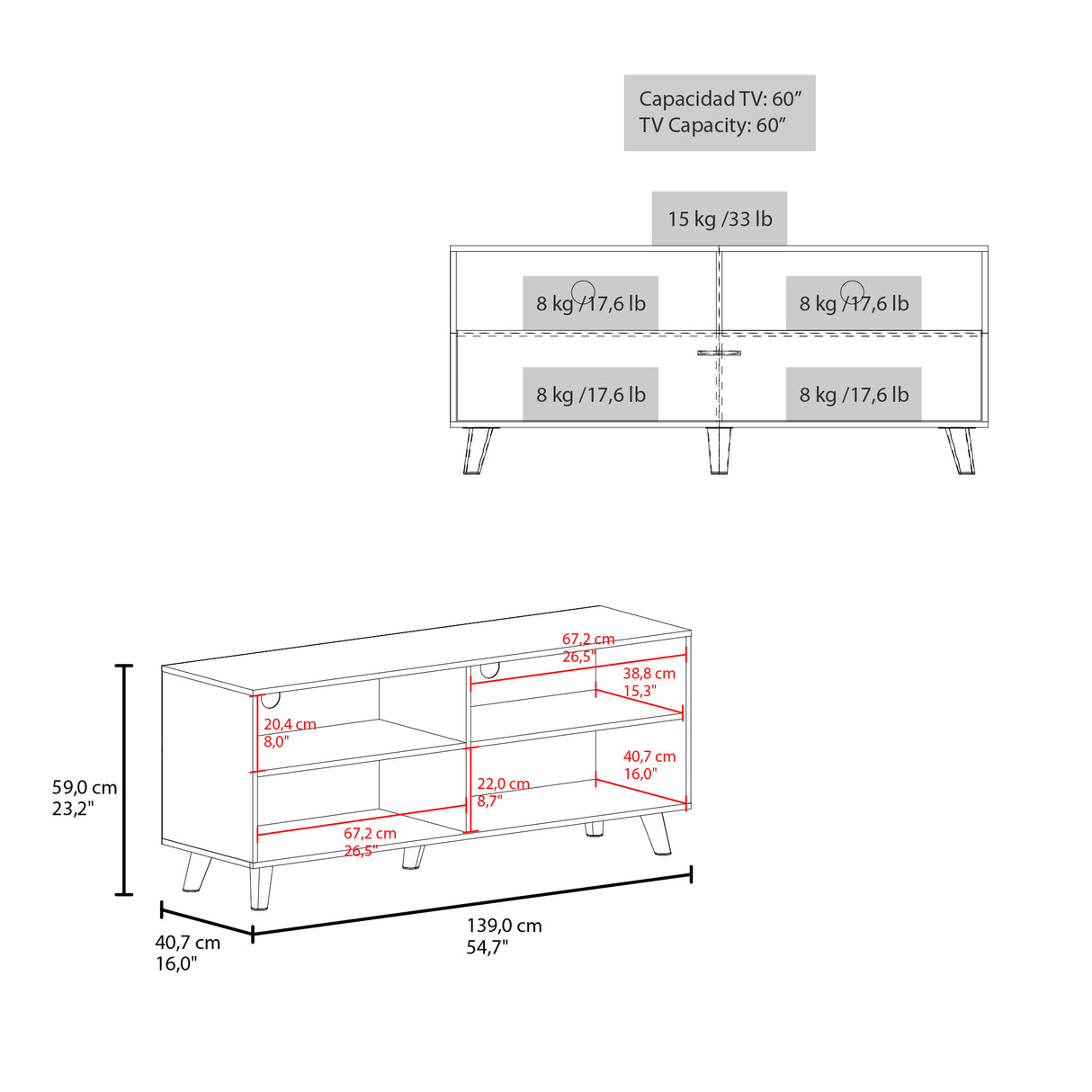 Rack de TV Patrick Wengue 139x59cm Pata TV Hasta 60 Pulgadas con Cuatro Compartimientos - MUEBLES DE TV | Bylmo