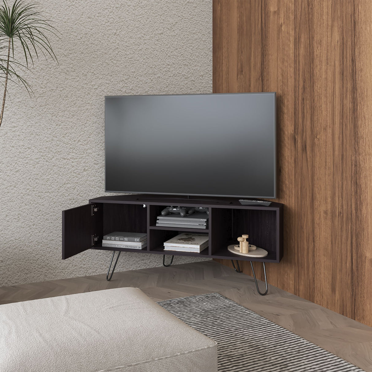 Rack de TV Lancaster Wengue 115x50cm Pata TV Hasta 50 Pulgadas con Cuatro Compartimientos - MUEBLES DE TV | Bylmo