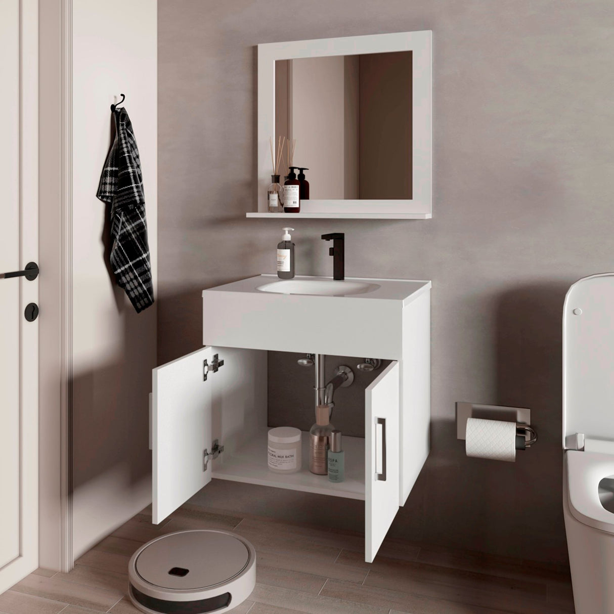 Set Mueble para Lavamanos con Espejo Flotante Blake Blanco 61.3x53.3cm Individual con Lavamanos - MUEBLES PARA LAVAMANOS | Bylmo