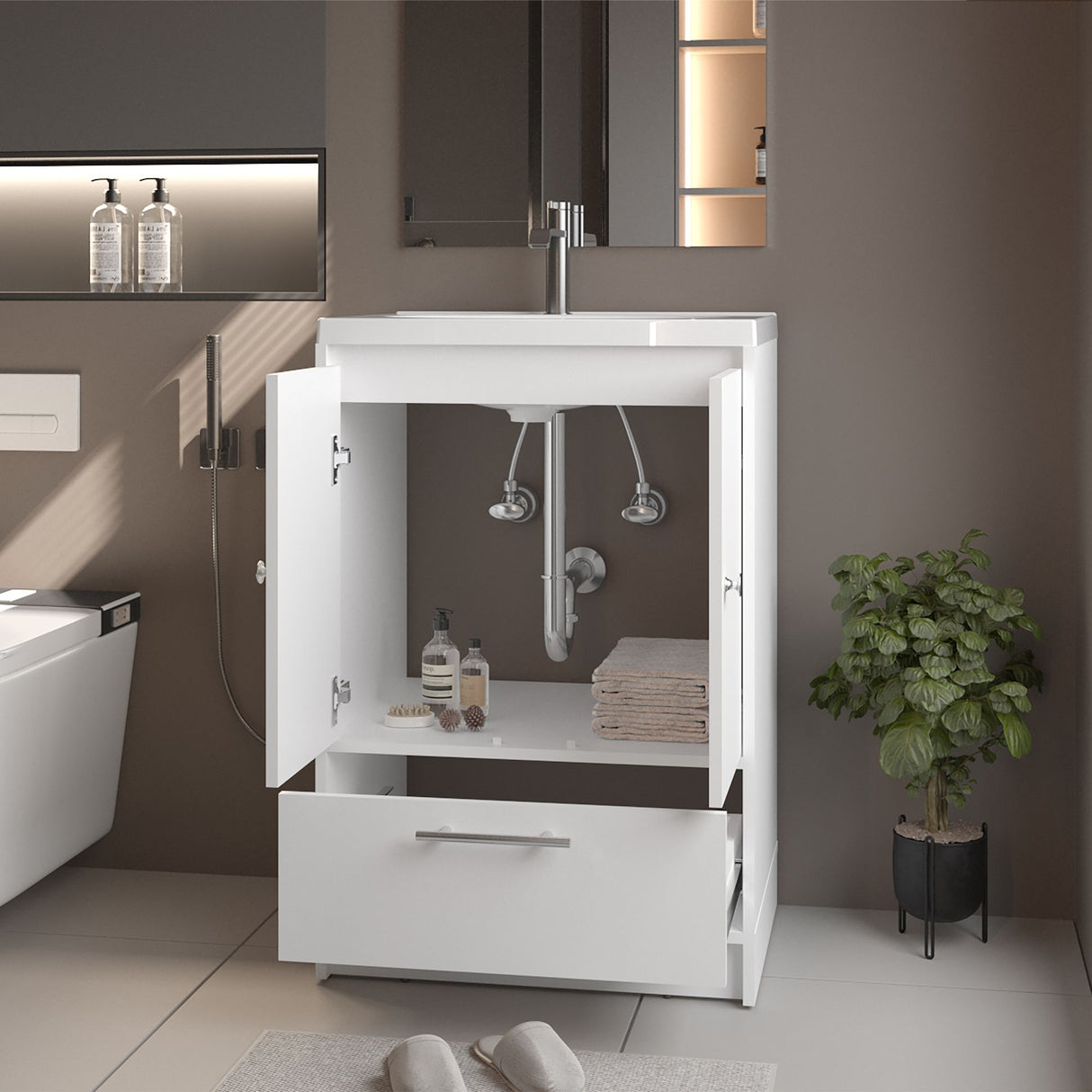 Mueble para Lavamanos Madison Blanco 60x89.7cm Individual con Lavamanos Integrado y con Un Cajón - MUEBLES PARA LAVAMANOS | Bylmo