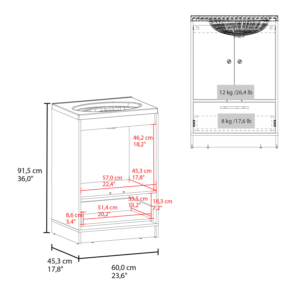 Mueble para Lavamanos Madison Blanco 60x89.7cm Individual con Lavamanos Integrado y con Un Cajón - MUEBLES PARA LAVAMANOS | Bylmo