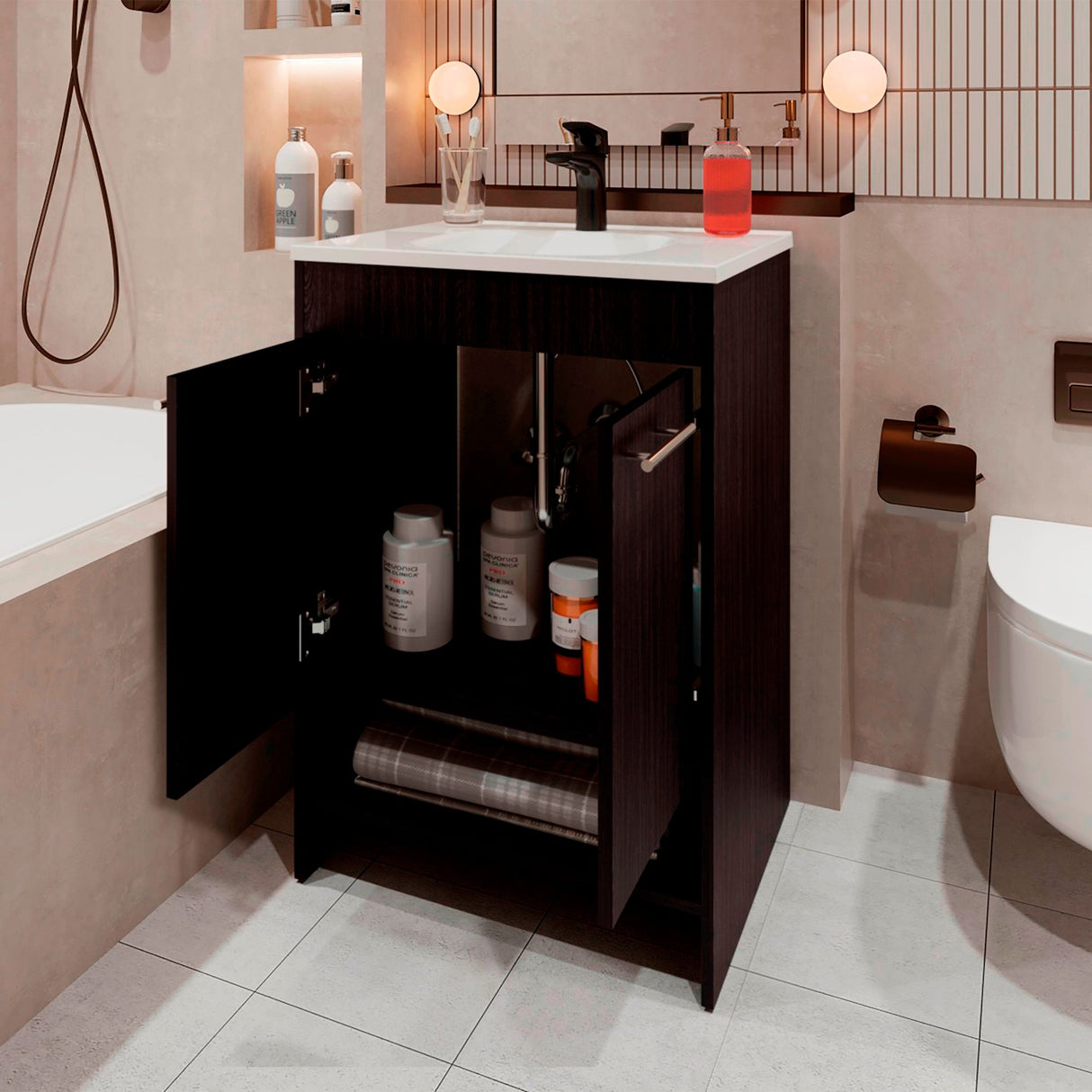 Mueble para Lavamanos Lorenzo Wengue 60x88cm Individual con Lavamanos Integrado y sin Cajones - MUEBLES PARA LAVAMANOS | Bylmo