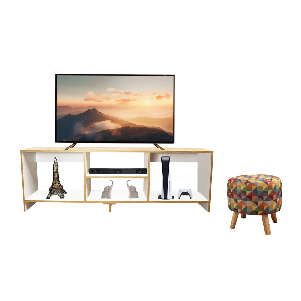 Combo Mueble de TV con Puff Eco Plus Fresno 150x50cm Para TV Hasta 65 Pulgadas con Cuatro Compartimientos - MUEBLES DE TV | Bylmo