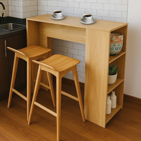 Combo Barra de Cocina Madrid Fresno y Madera 100x101cm con Tres Entrepaños y con Dos Sillas Bar - BARRAS Y MUEBLES AUXILIARES | Bylmo