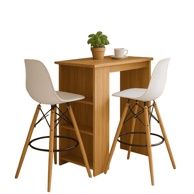 Combo Barra de Cocina Madrid Fresno y Blanco 100x101cm con Tres Entrepaños y con Dos Sillas Bar Eames - BARRAS Y MUEBLES AUXILIARES | Bylmo