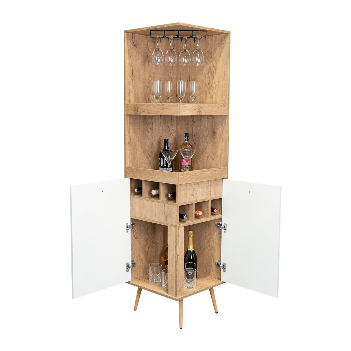 Bar Esquinero Huna Macadamia 46.9x46.9cm con Cuatro Portacopas y Seis Portabotellas - BARES | Bylmo