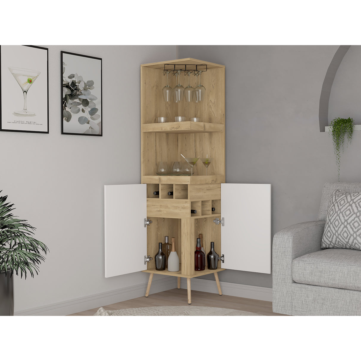 Bar Esquinero Huna Macadamia 46.9x46.9cm con Cuatro Portacopas y Seis Portabotellas - BARES | Bylmo