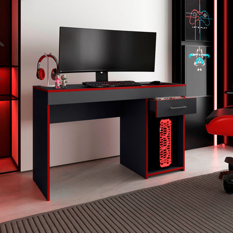 Escritorio Gamer Ibare Plomo y Rojo 120x75cm con Un Cajón - ESCRITORIOS | Bylmo