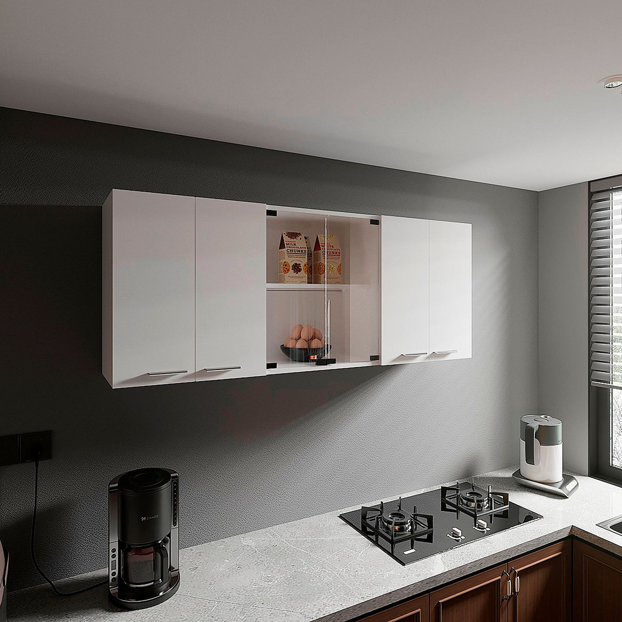 Gabinete de Cocina Vidrio Blanco 150x60cm Con Seis Cajones cn Espacio para Extractor y con Locero - MUEBLES SUPERIORES DE COCINA | Bylmo