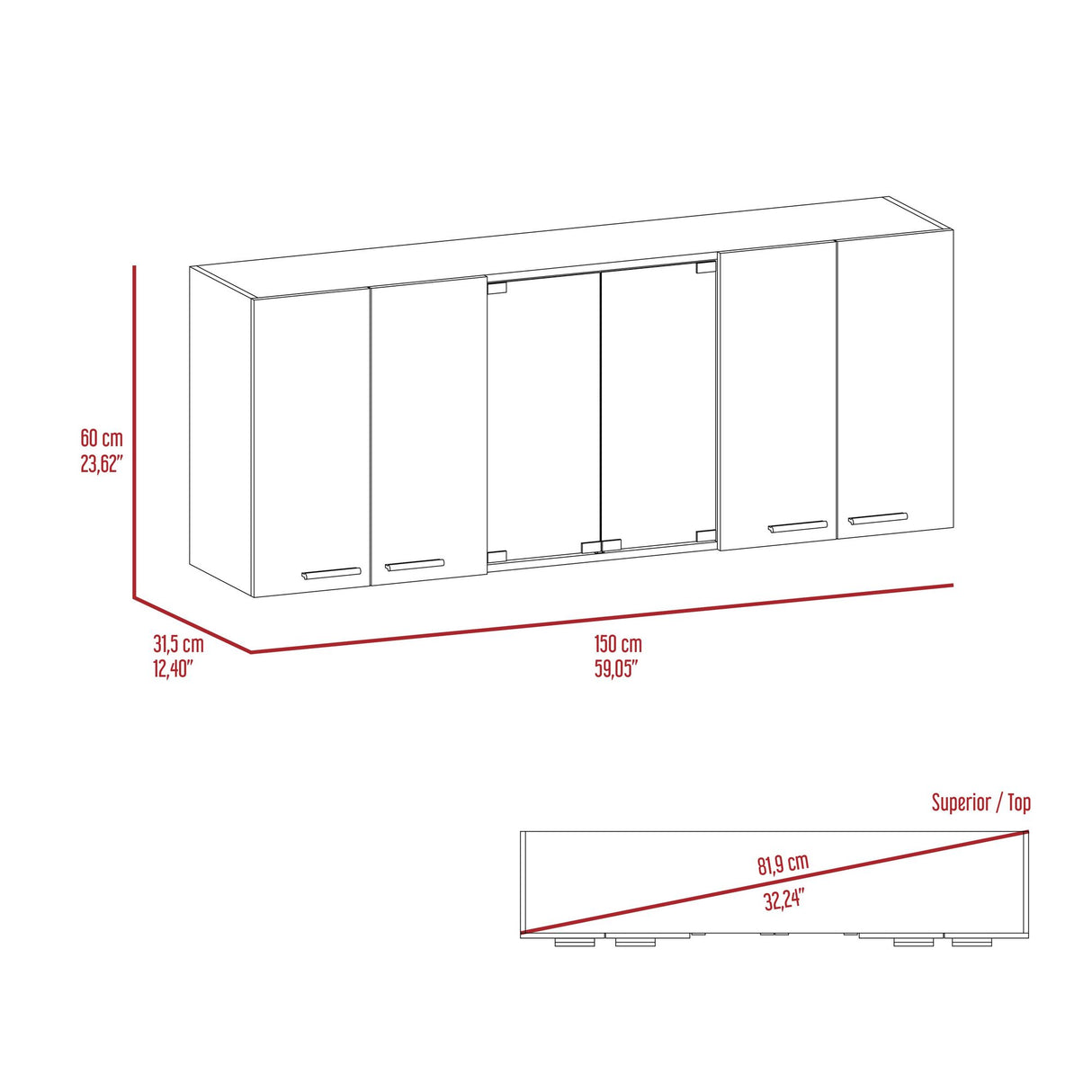 Gabinete de Cocina Vidrio Blanco 150x60cm Con Seis Cajones cn Espacio para Extractor y con Locero - MUEBLES SUPERIORES DE COCINA | Bylmo