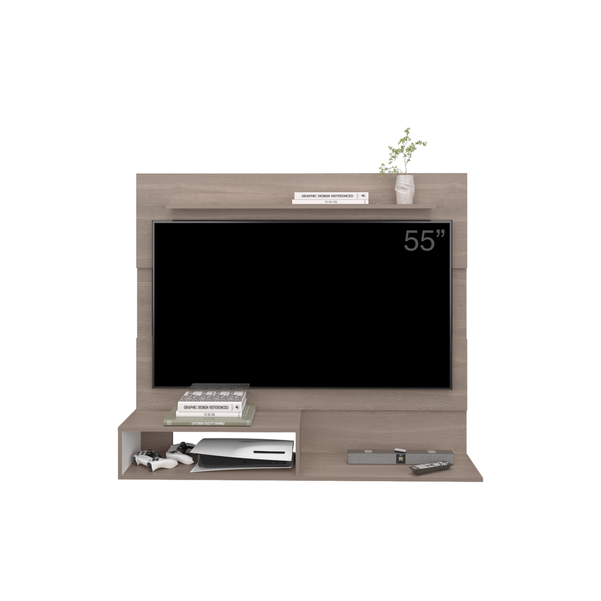 Panel de TV Beijing Bardolino y Blanco 140x120cm Para TV Hasta 55 Pulgadas con Cinco Compartimientos - MUEBLES DE TV | Bylmo